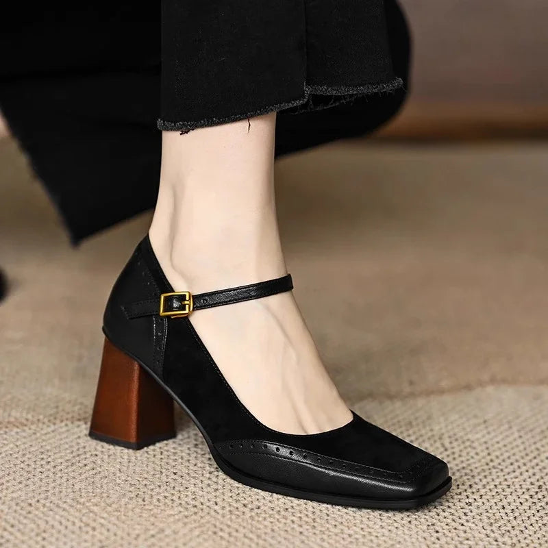 Square Toe Ankle Strap Block Heel Mary Jane Pumps