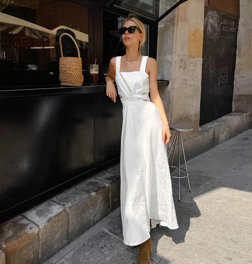 Summer White Elegant Midi Dress Women Chic Sleeveless Waist Hollow Out Long Dresses Streetwear Fashion Lace up Vestidos