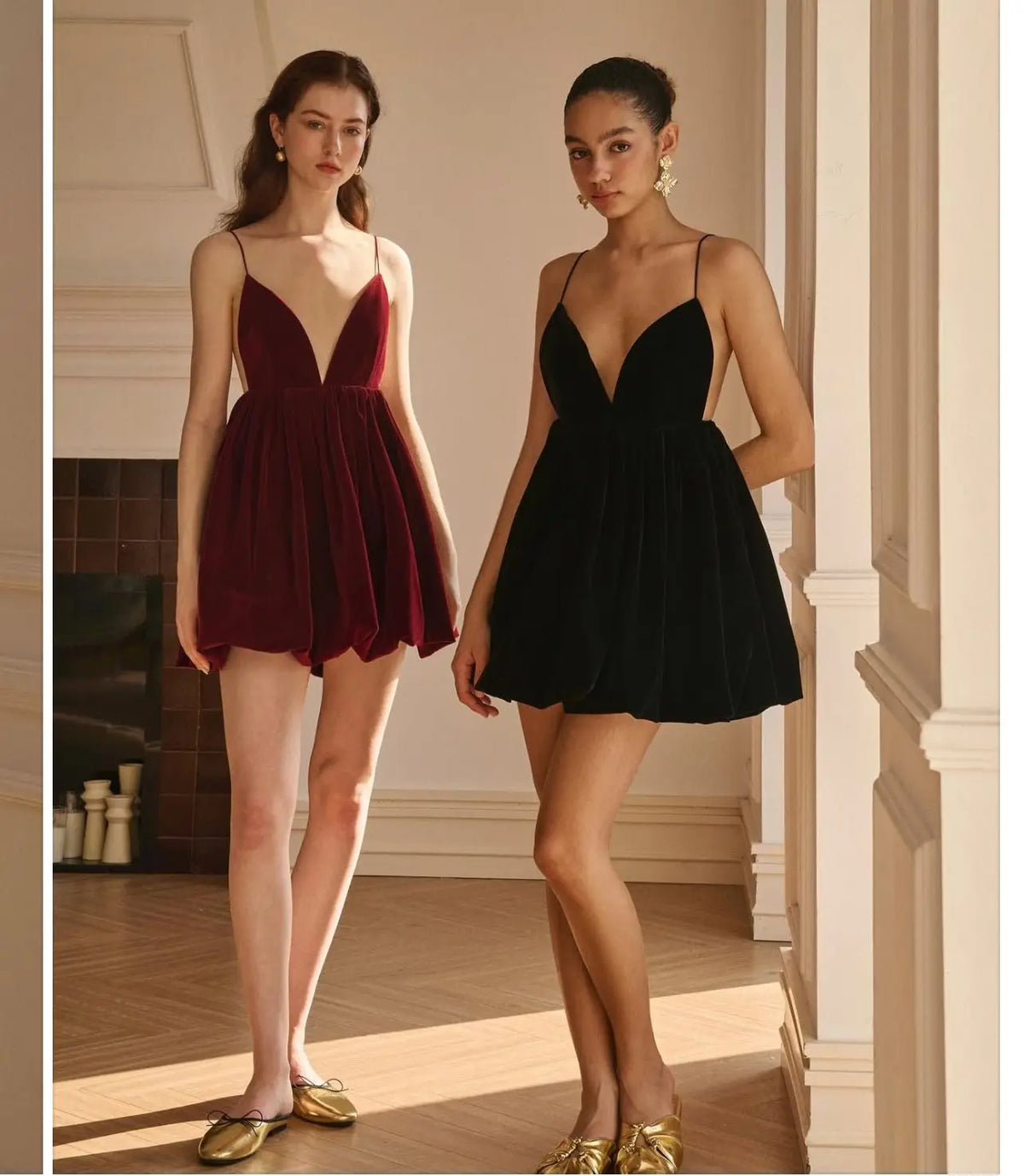 Velvet Deep V-Neck Spaghetti Strap Bubble Hem Mini Dress 4
