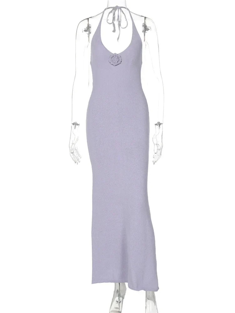 Sleeveless Deep V-Neck Rosette Knit Mermaid Maxi Dress 15