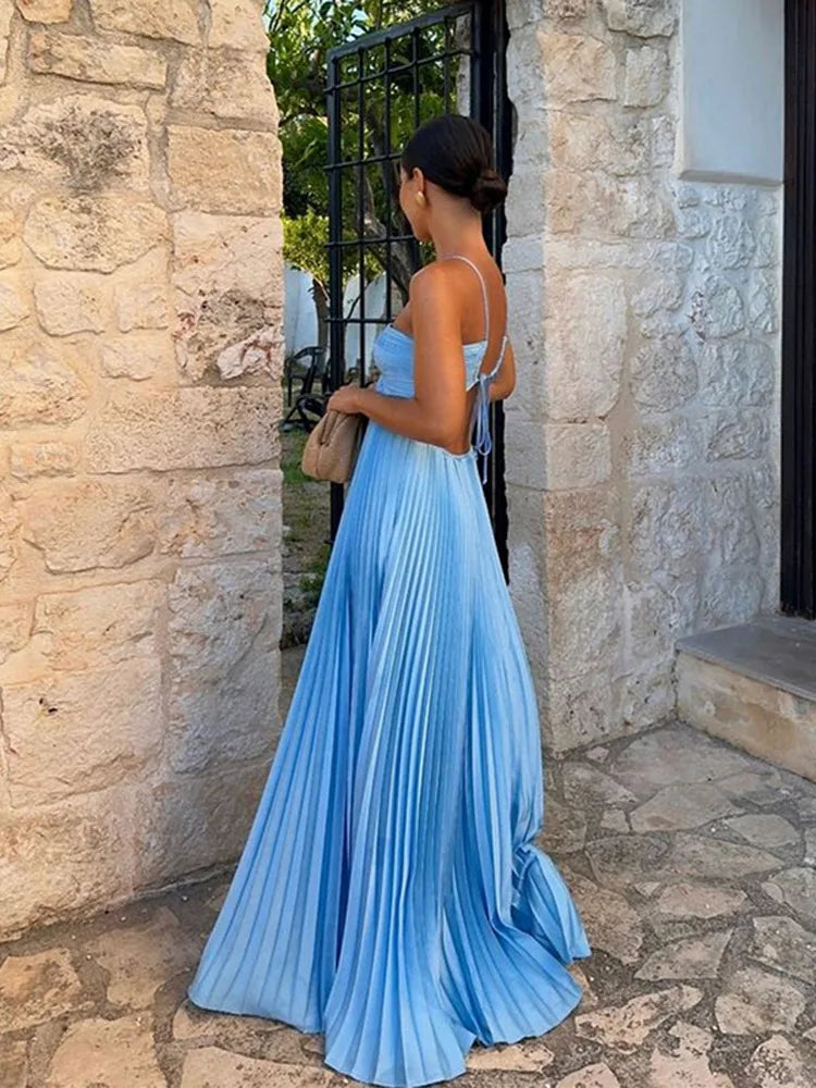 Pleated Edition Blue Halter Maxi Dress