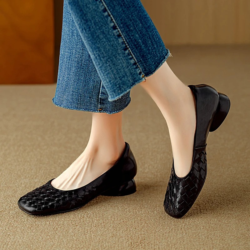Woven Square Toe Low Block Heel Pumps