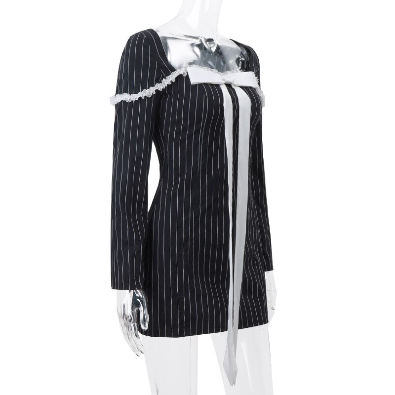 Pinstripe Square Neck Long Sleeve Bow Front Lace Trim Mini Dress 11