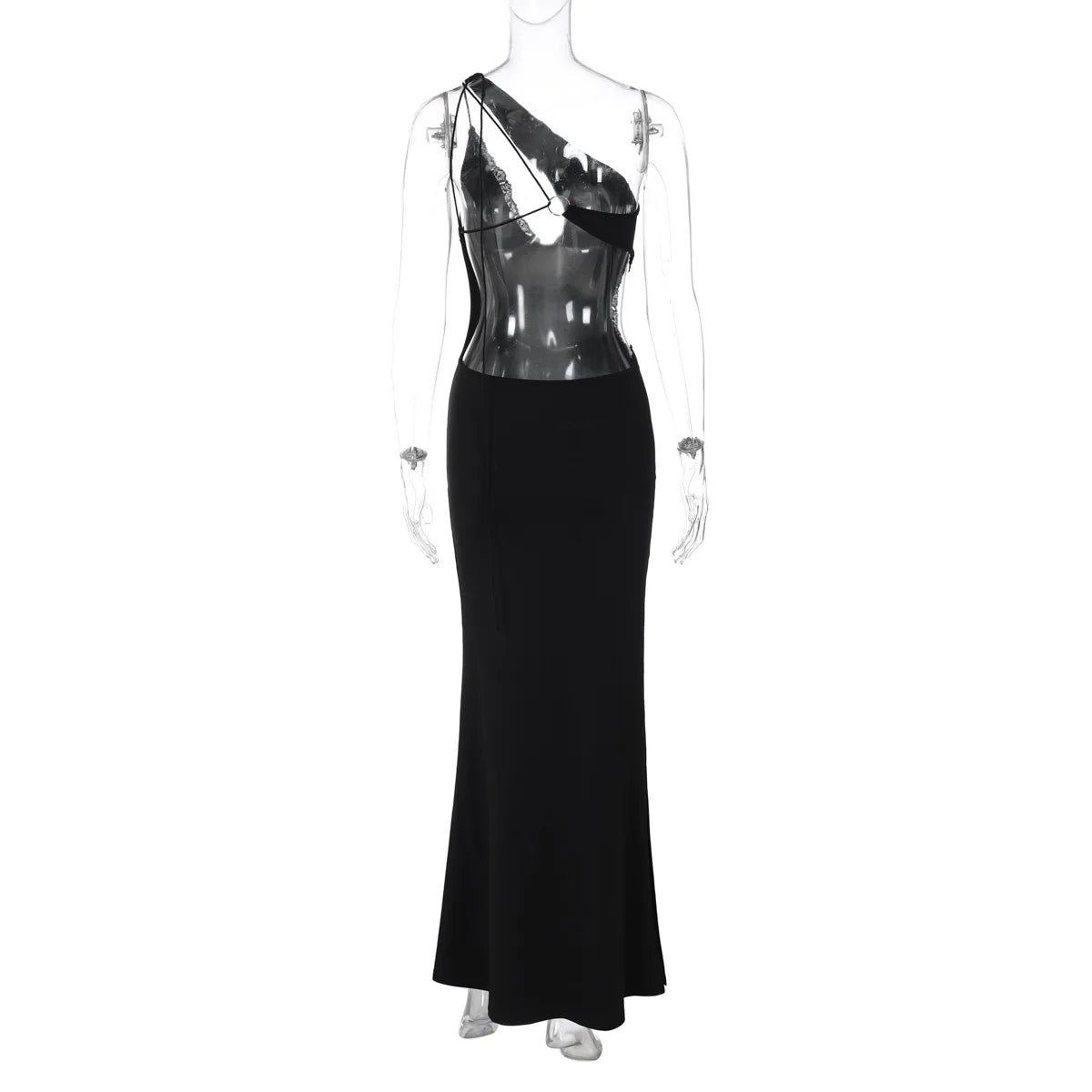 One Shoulder Keyhole Cut Out Lace Trim High Split Maxi Dress 10