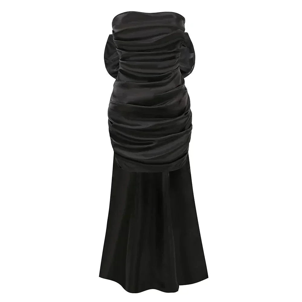 Strapless Satin Ruched Oversized Back Bow Train Mini Dress 13