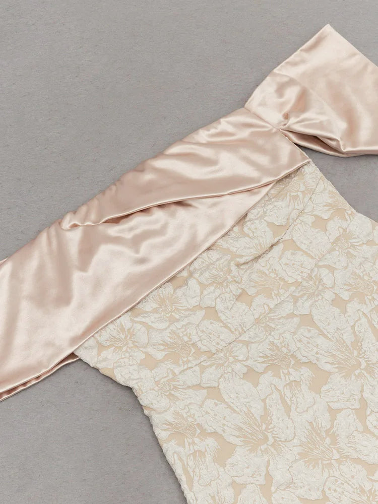 Slash Neck Embossed Flower Beige Dress