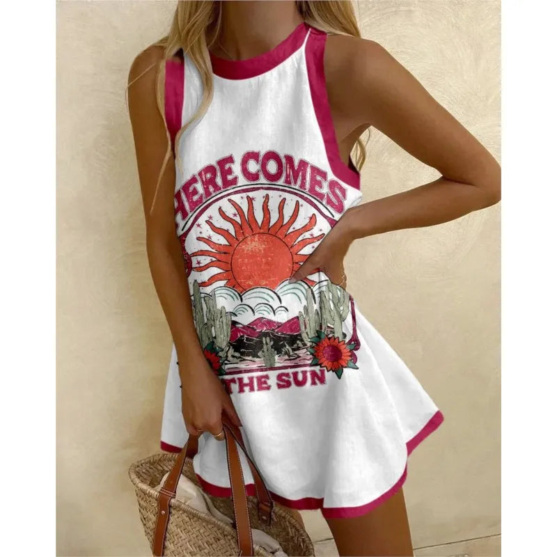 Sun Graphic Print Sleeveless Contrast Trim Flared Mini Dress
