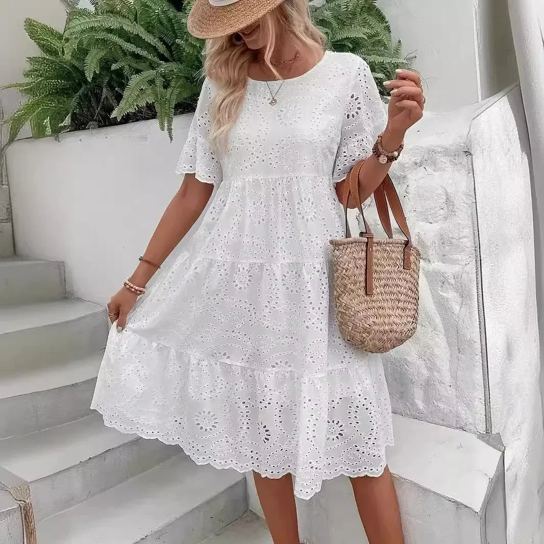 Eyelet Round Neck Flutter Sleeve Tiered Midi Dress 6