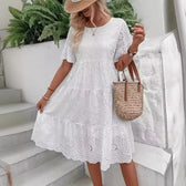 Eyelet Round Neck Flutter Sleeve Tiered Midi Dress 6