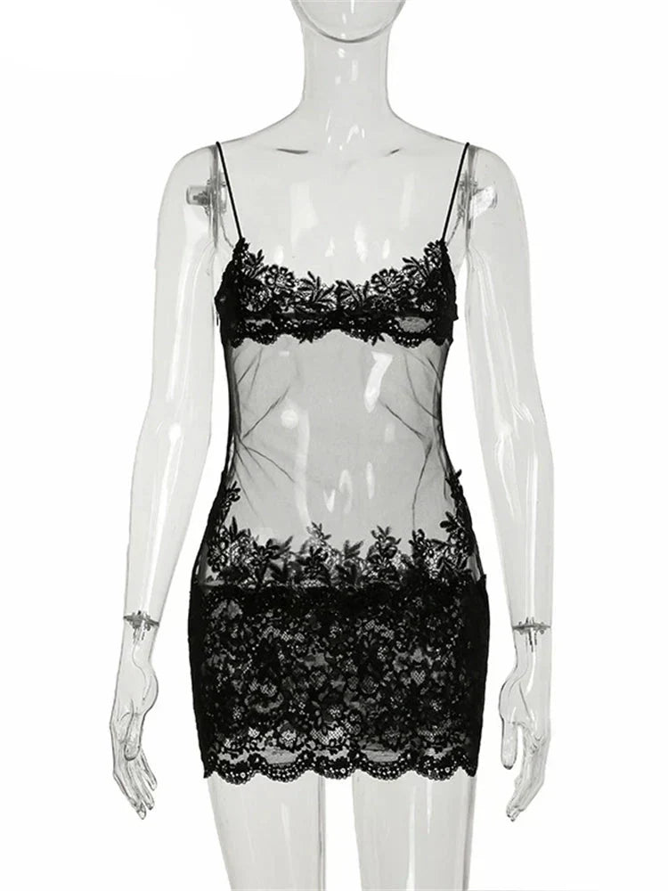 Sheer Mesh Floral Applique Halter Neck Lace Trim Mini Dress 6
