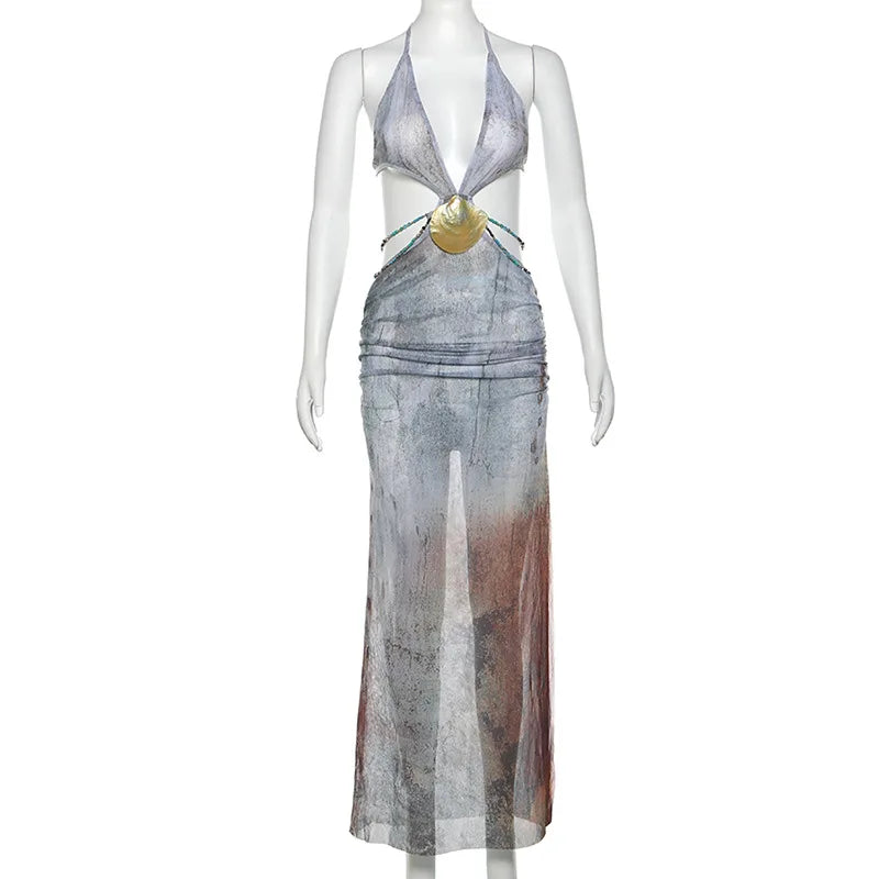 Abstract Print Deep V-Neck Halter Cut Out Shell Detail Maxi Dress 7