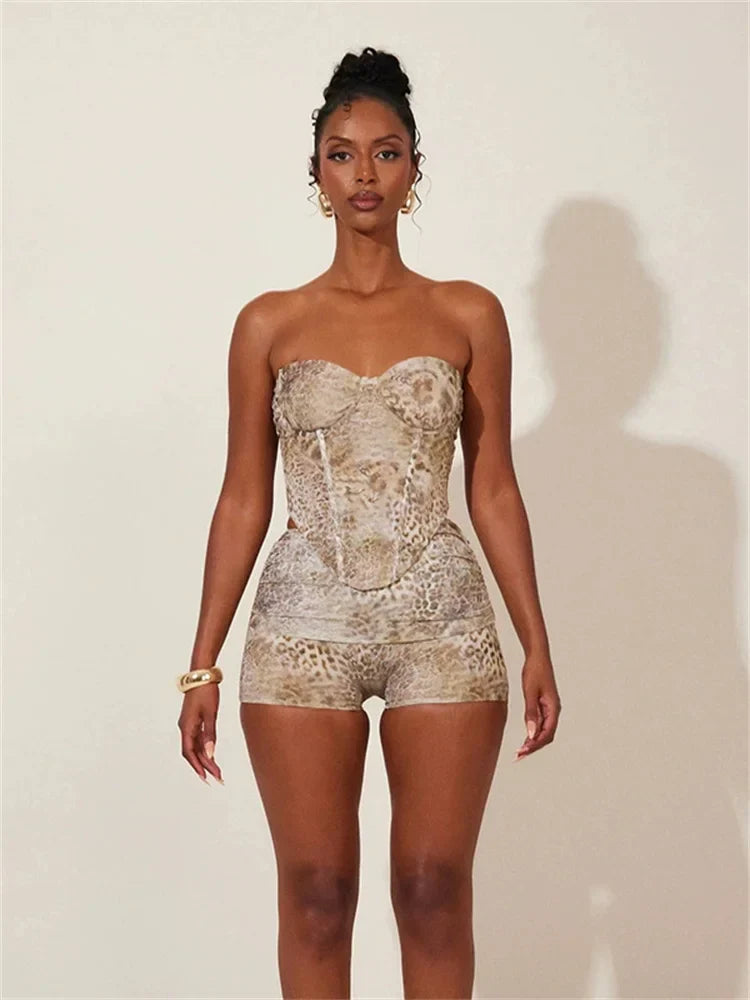 Animal Print Strapless Crop Tank Top Two Piece Shorts Set