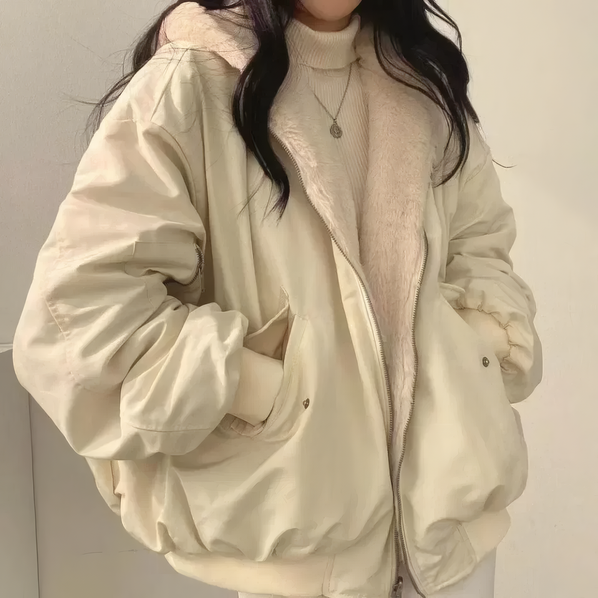 Sherpa Lined Zip Front Stand Collar Oversized Bomber Jacket