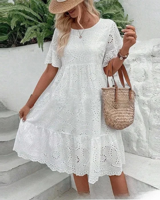 Eyelet Round Neck Flutter Sleeve Tiered Midi Dress 7