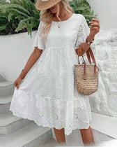 Eyelet Round Neck Flutter Sleeve Tiered Midi Dress 7