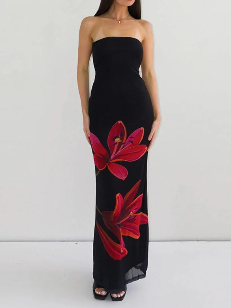 Strapless Floral Print Bodycon Maxi Dress 11