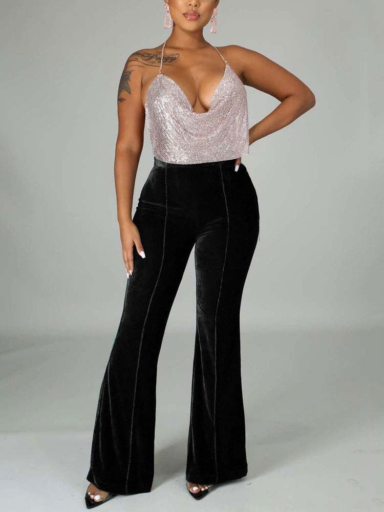 High Waist Velvet Front Seam Flare Leg Bell Bottom Pants 9