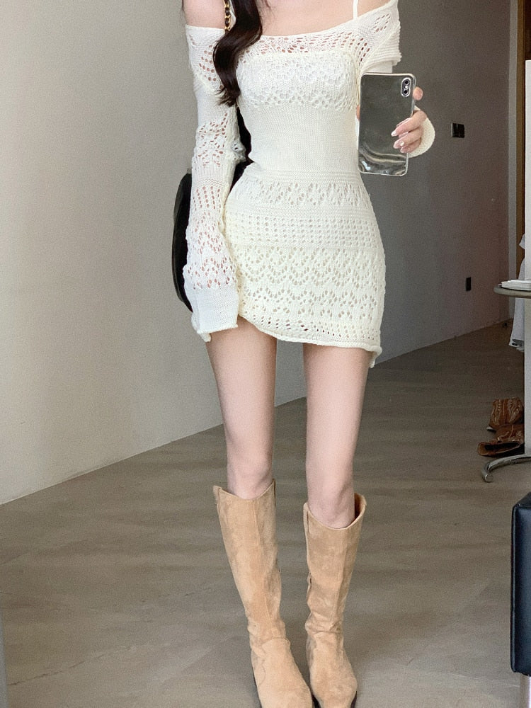 Y2k Sexy Gown Korea Mini Slim Brief Long Arm Gown Lace Party Knitted Gown Vintage