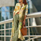 Tropical Print Long Shirt and Wide Leg Pants Two Piece Set
