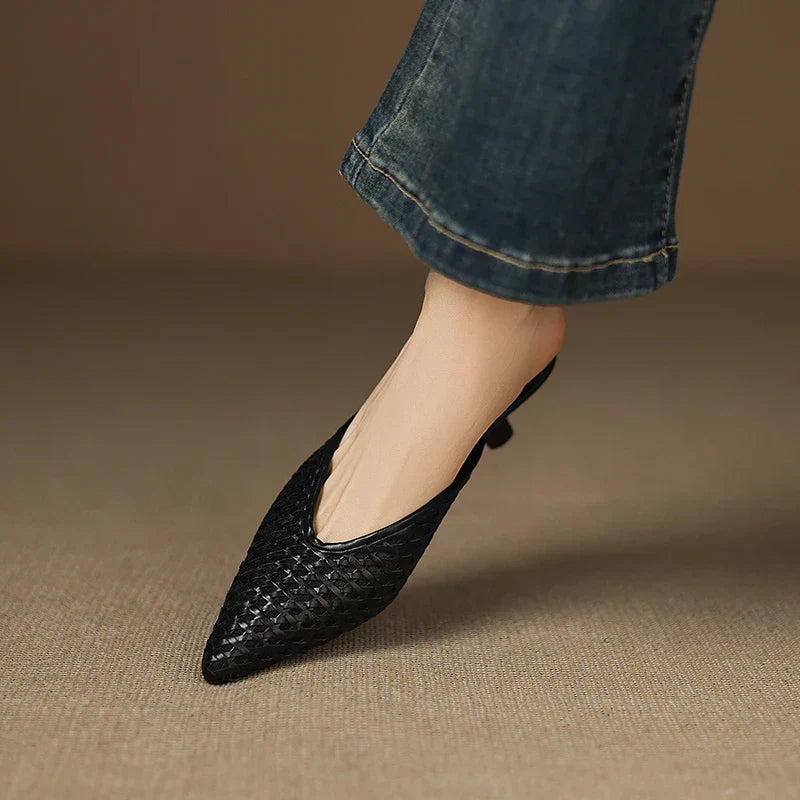 Woven Pointed Toe Kitten Heel Mules