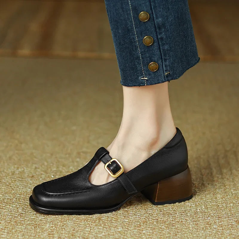 Square Toe T-Strap Buckle Mary Jane Flats