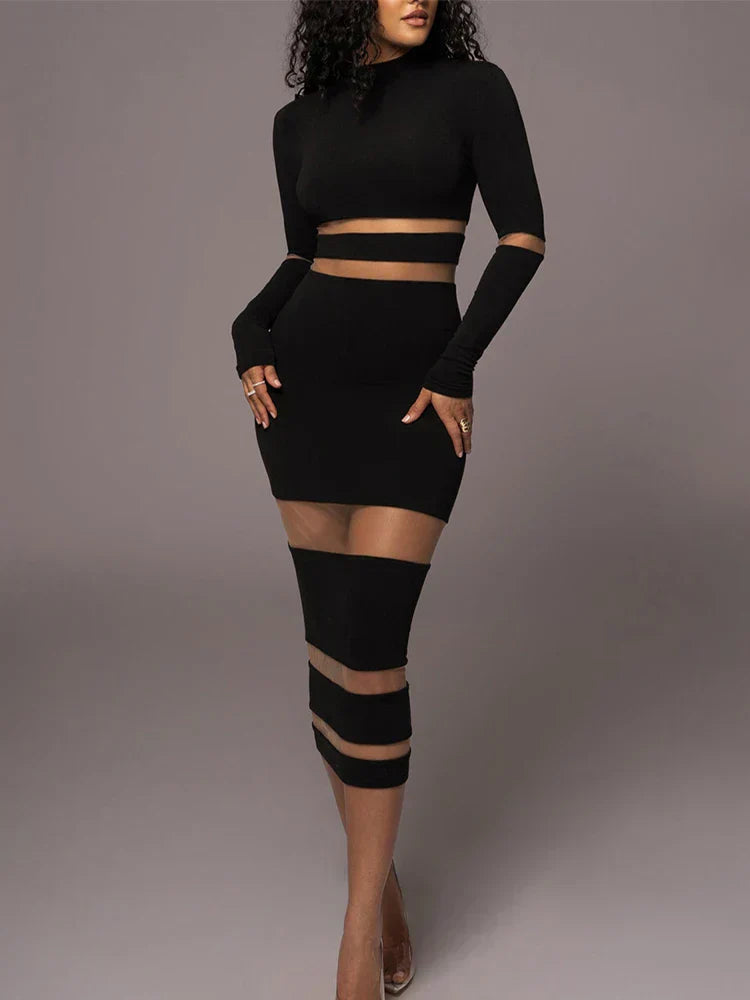 Mesh Panel Mock Neck Elbow Cut Out Long Sleeve Bodycon Midi Dress