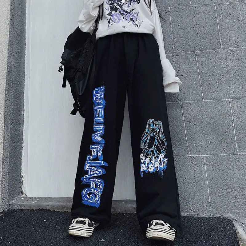 Anime Graffiti Letter Print Oversized Wide Leg Pants 5