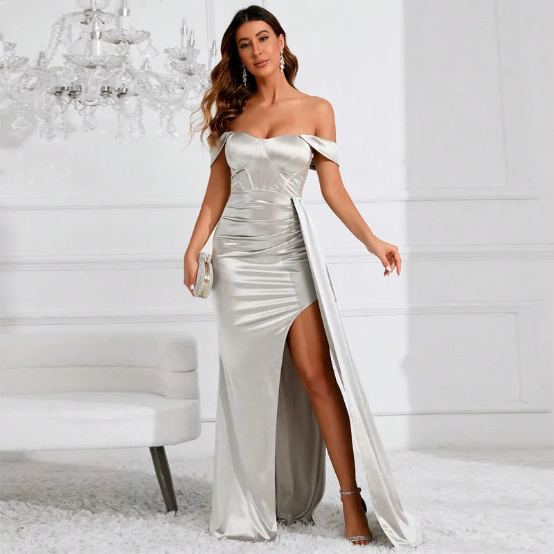 Off Shoulder Satin Mermaid Maxi Dress 8