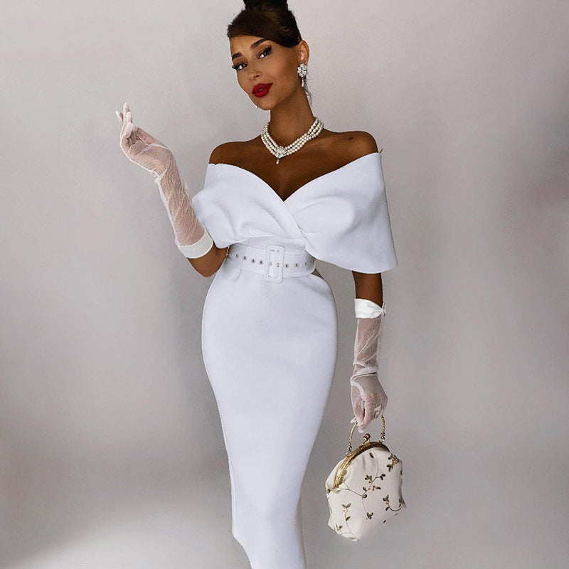 Satin Deep V-Neck Batwing Sleeve Belted Bodycon Midi Dress