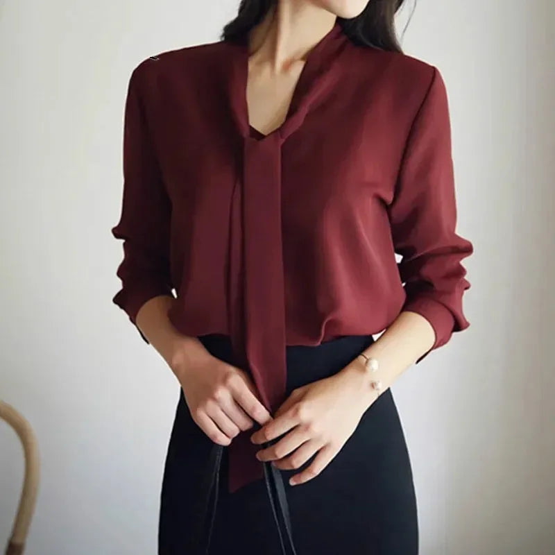 Casual Long Sleeve Bow Tie Fashion V-neck Chiffon Blouse