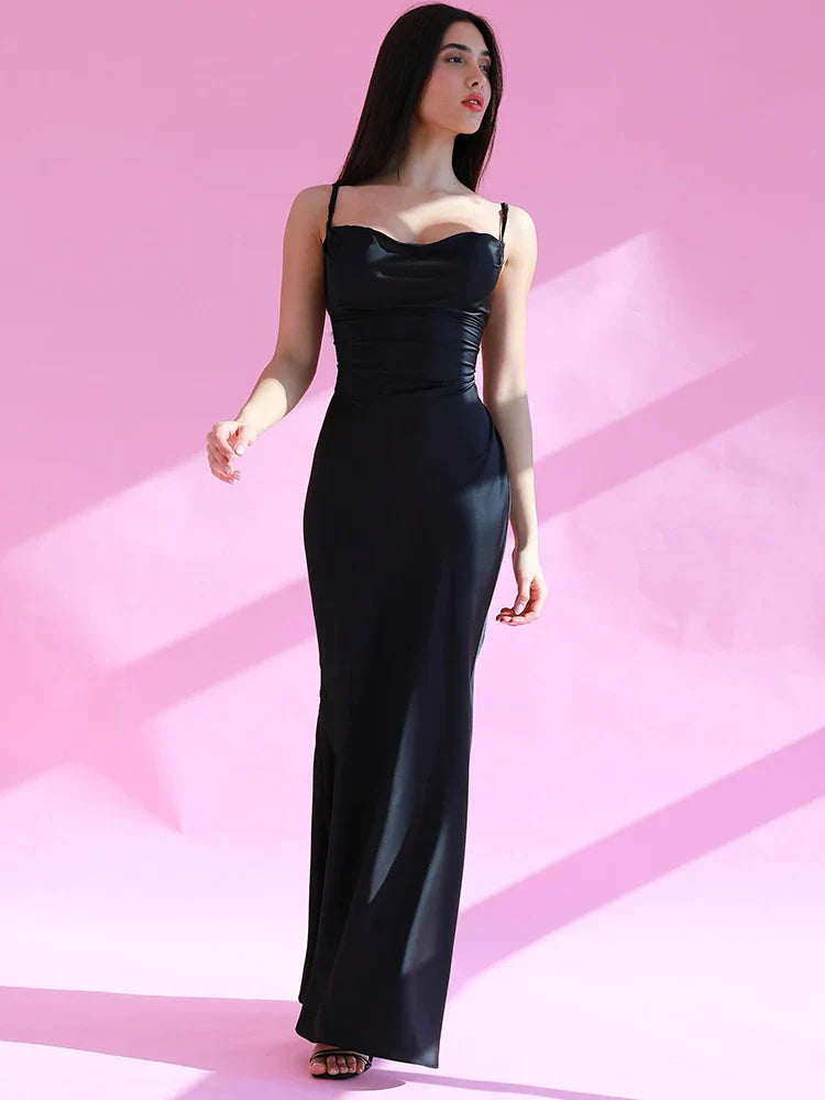 Satin Ruched Strap Maxi Chic Silk Dress