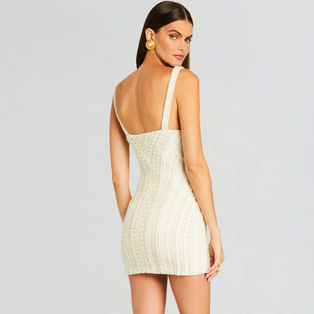 Faux Pearl Beaded Square Neck Spaghetti Strap Bodycon Mini Dress 4