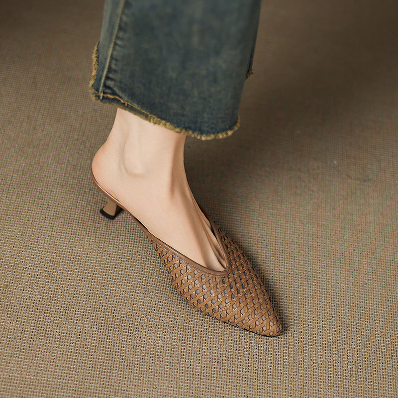 Woven Pointed Toe Kitten Heel Mules