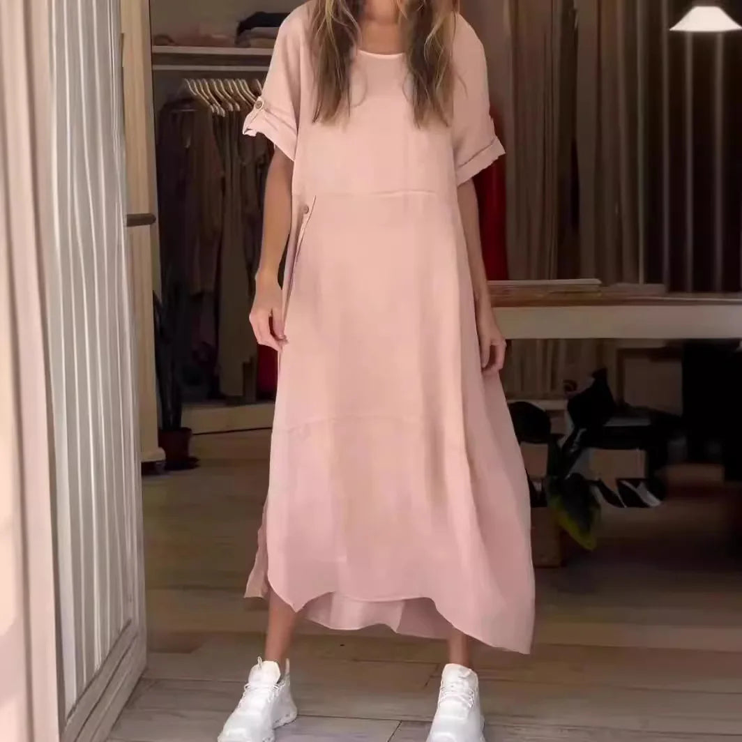V-Neck Roll Tab Sleeve Pocket Oversized Maxi Dress