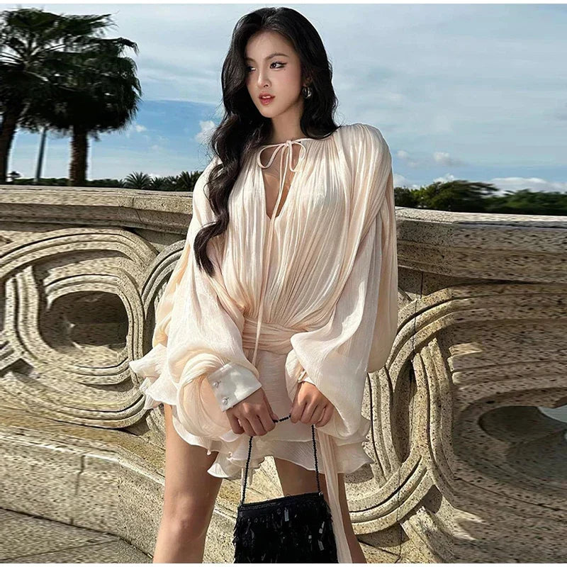 Pleated Chiffon Tie Neck Lantern Sleeve Sash Waist Ruffle Mini Dress 16
