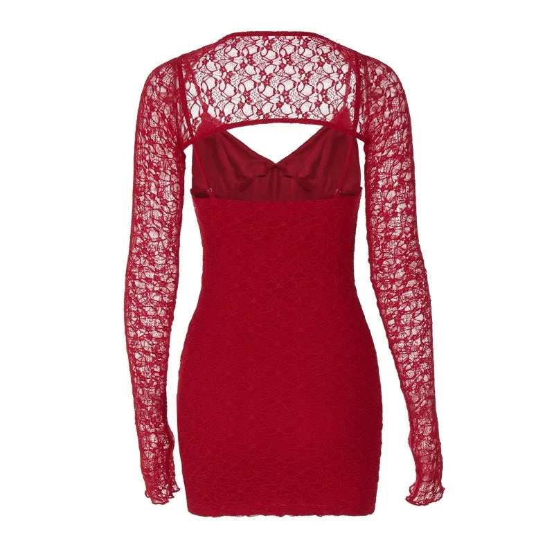 Lace Deep V-Neck Cold Shoulder Long Sleeve Bodycon Mini Dress 24