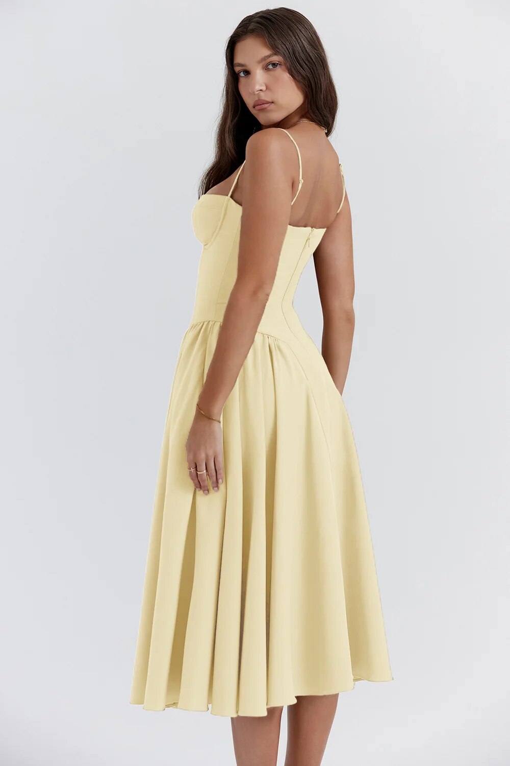 Milagros Premium Open-Shoulder Midi Dress with a Corset Fit Elevated Occasion Wear