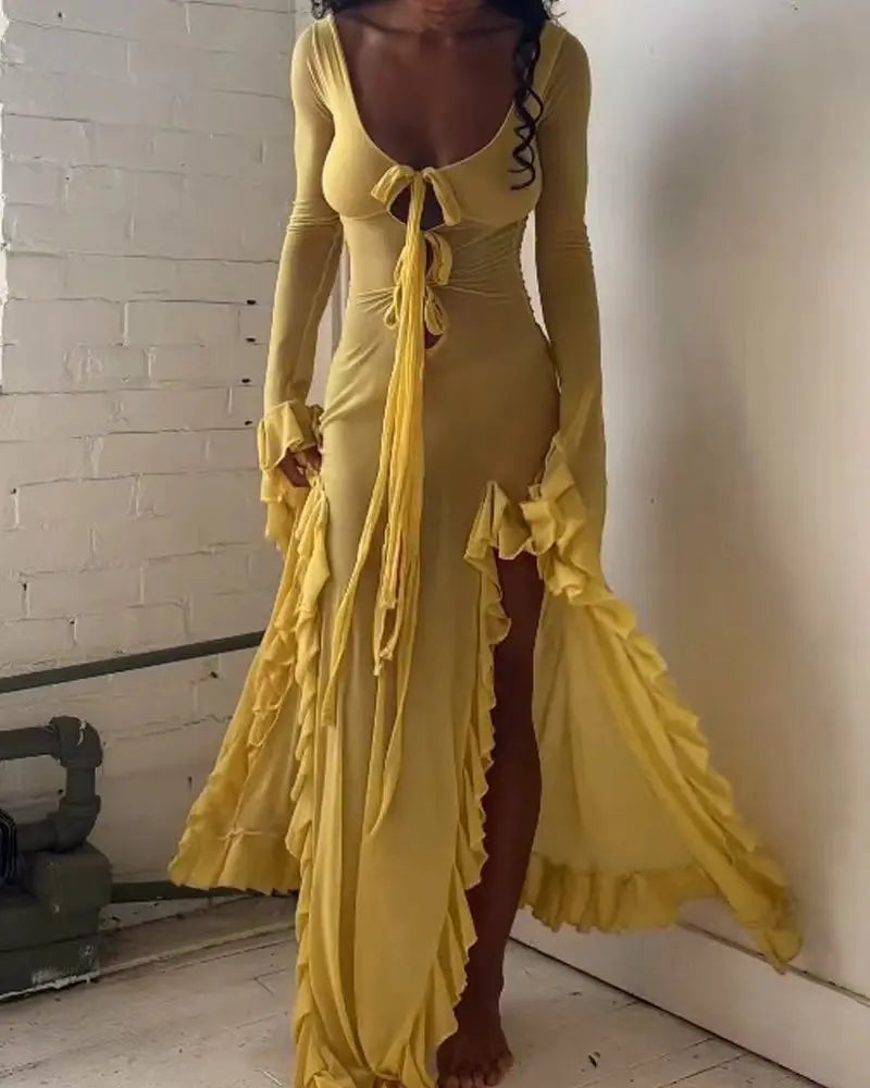 Ruffled Edition Slit Vneck Maxi Dress