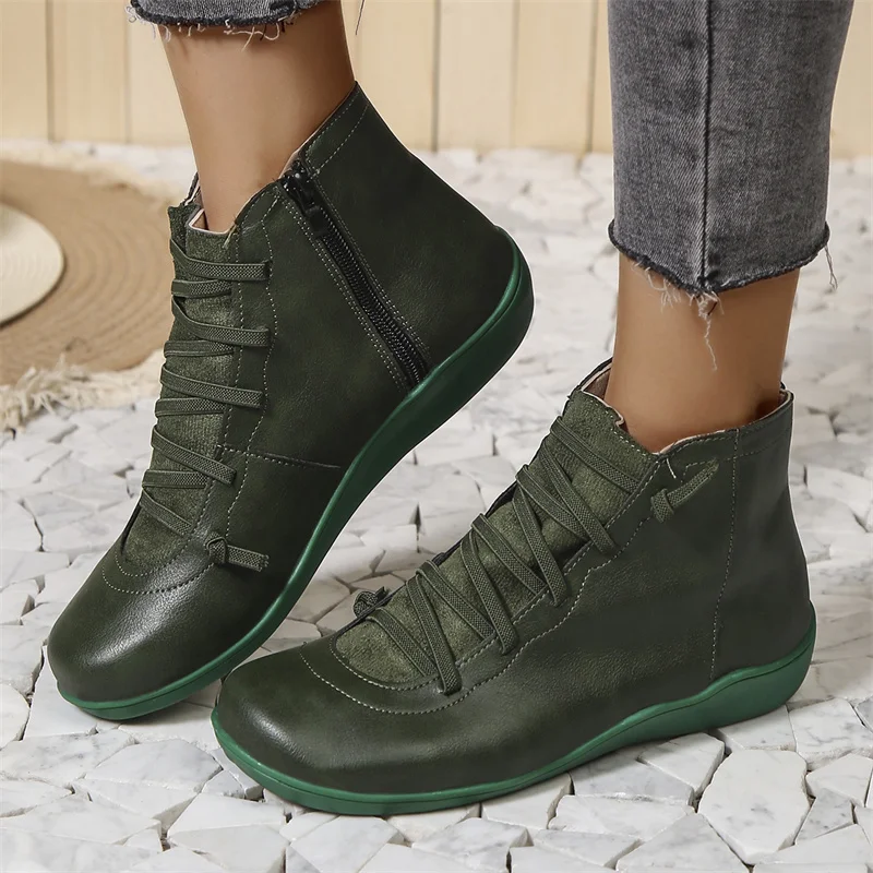 Lace Up Side Zip Flat Ankle Boots