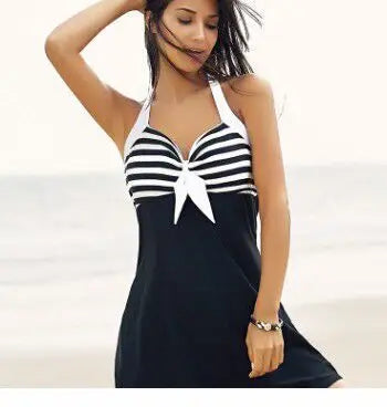 Striped Halter Neck Tie Front Swim Dress
