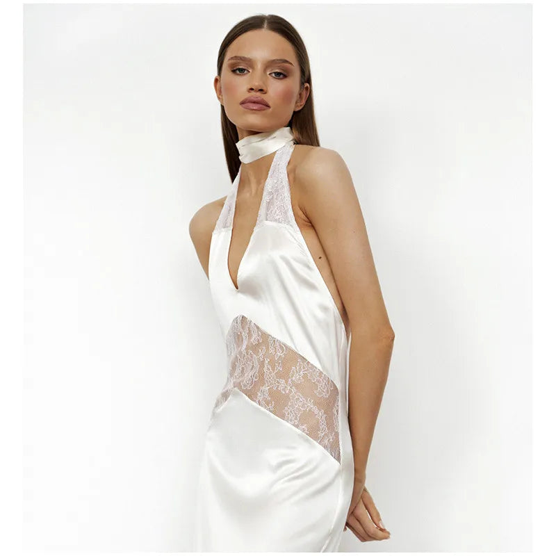 Halter Deep V-Neck Lace Panel Sheer Insert Sleeveless Maxi Gown - View 3