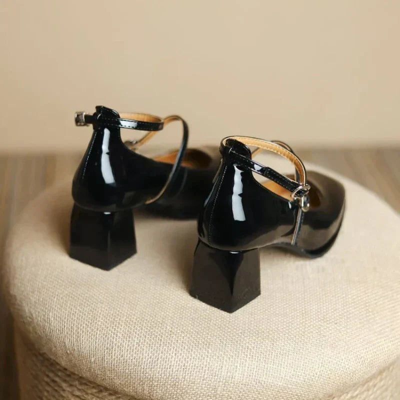 Square Toe Ankle Strap Block Heel Mary Jane Pumps