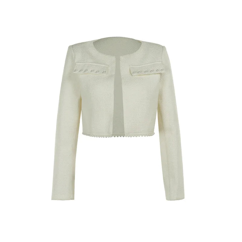 Tweed Faux Pearl Trim Cropped Jacket and Strapless Mini Dress Two Piece Set 9