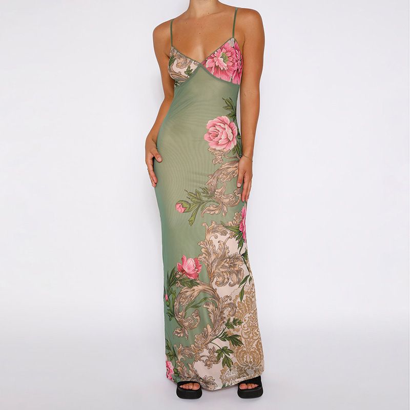 Floral Mesh V-Neck Spaghetti Strap Bodycon Maxi Dress