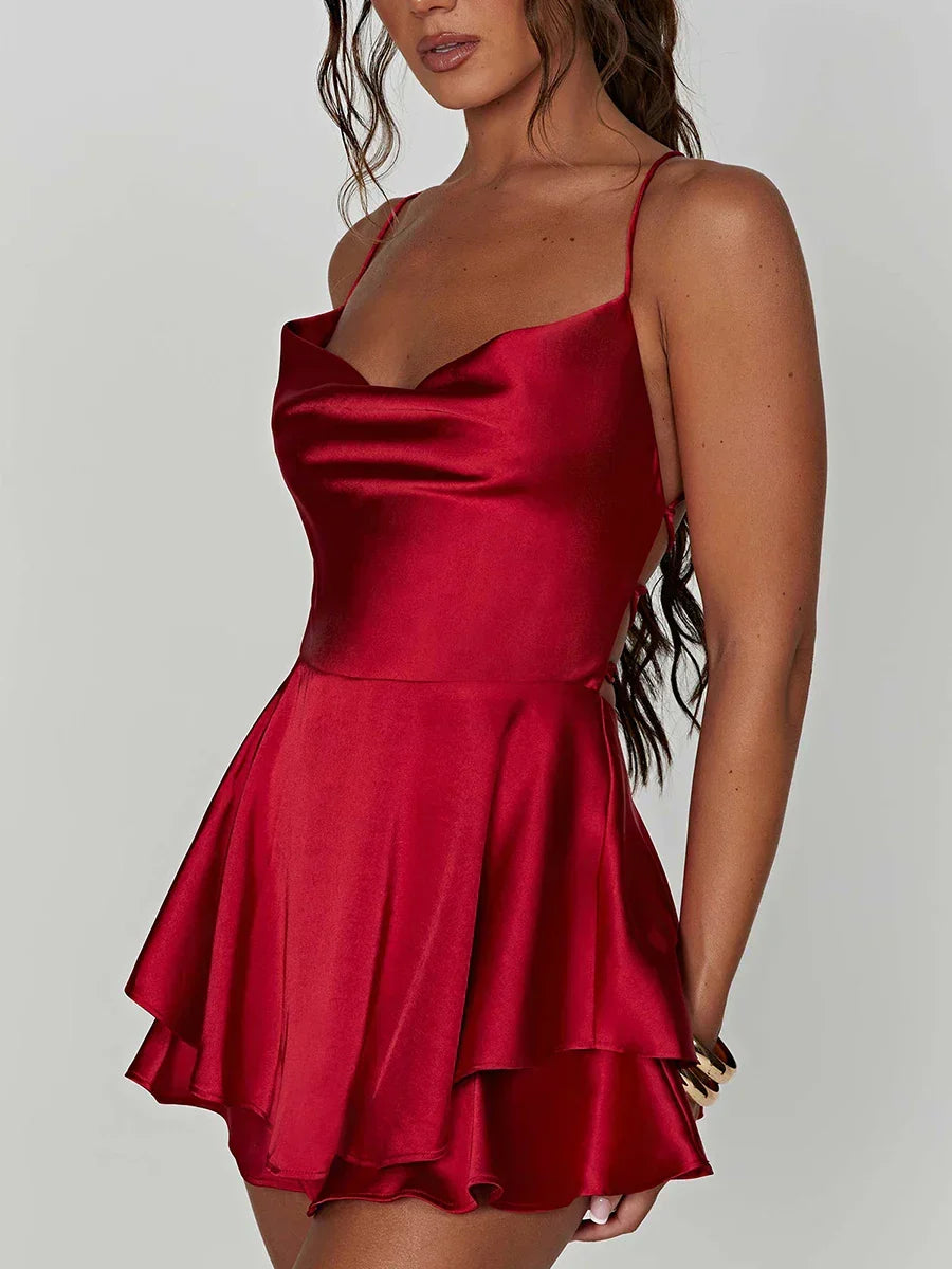 Satin Cowl Neck Spaghetti Strap Layered Ruffle Hem Mini Dress 5