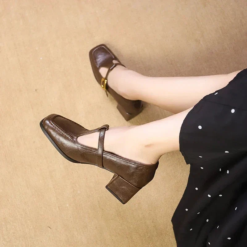 Square Toe T-Strap Buckle Block Heel Mary Jane Pumps