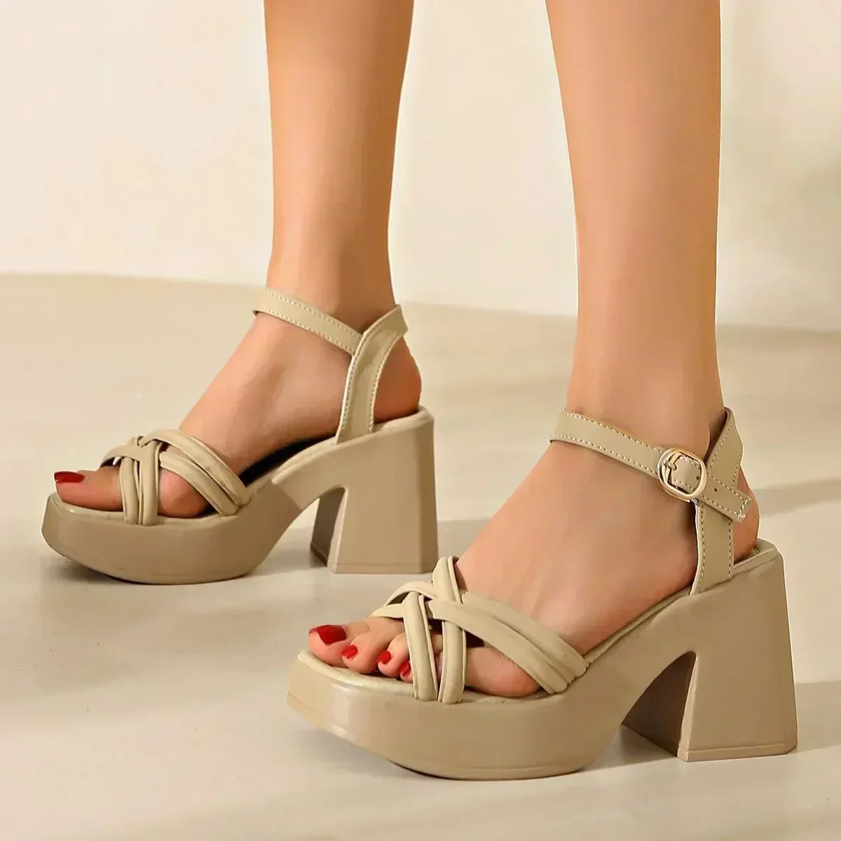 Open Toe Strappy Ankle Strap Chunky Platform Heeled Sandals