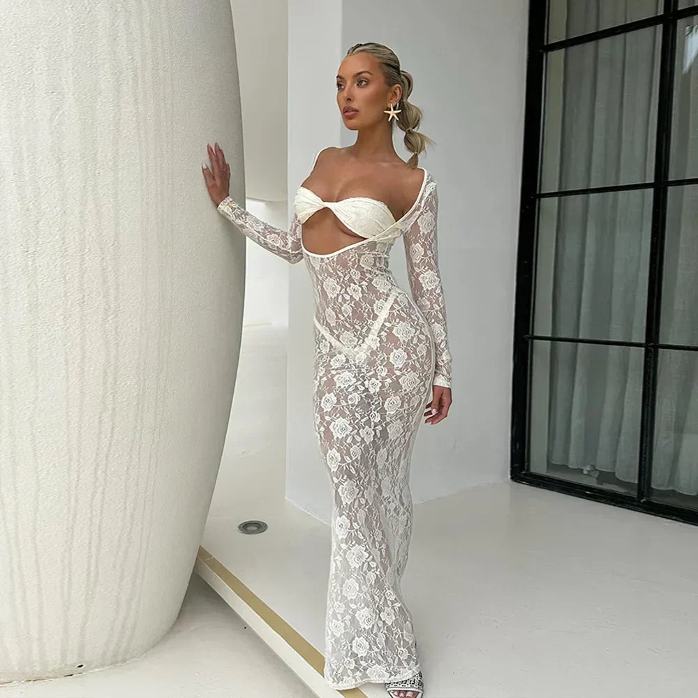 Sheer Floral Lace Long Sleeve Cut Out Twist Bust Bodycon Maxi Dress 19