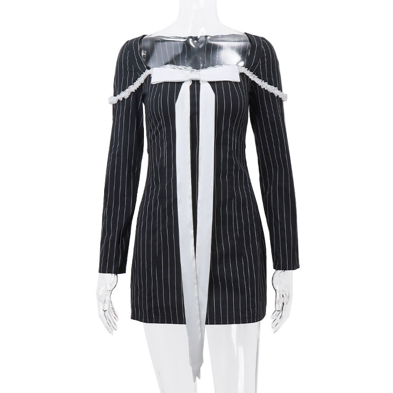Pinstripe Square Neck Long Sleeve Bow Front Lace Trim Mini Dress 10