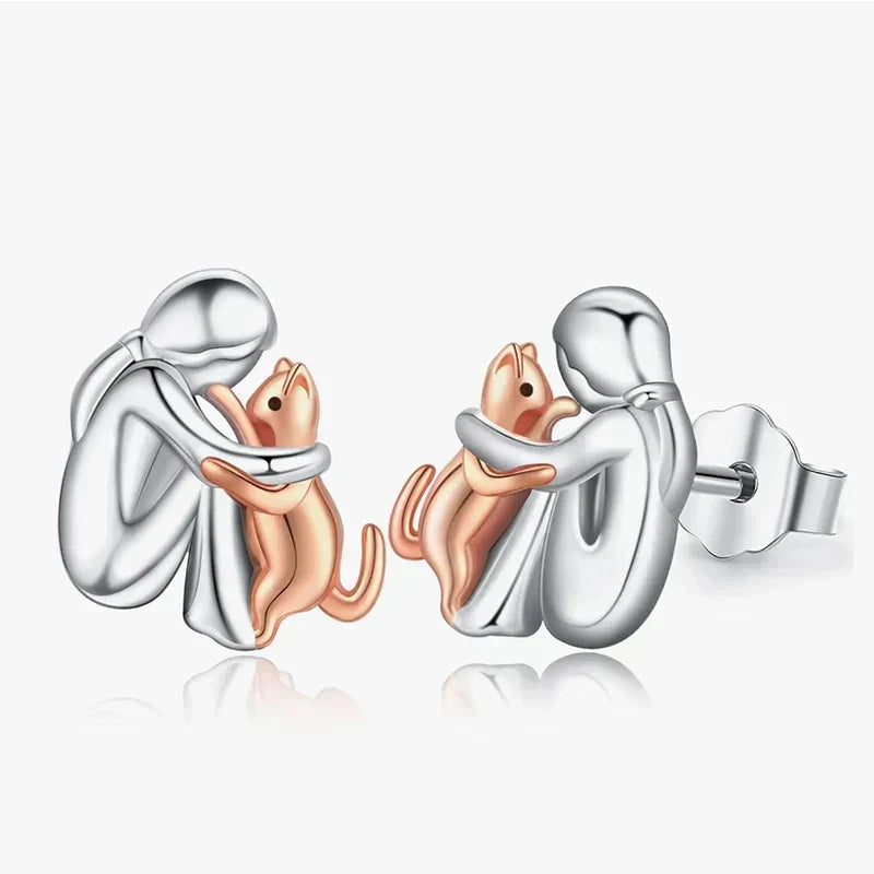 Two Tone Cat Hug Stud Earrings